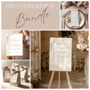 May include: A First Communion bundle featuring a welcome sign, seating chart, and gift bags. The signs have a cross and rosary design. The text includes "Welcome", "Confirmation", and "Find Your Seat". The color scheme is neutral with beige and brown tones.