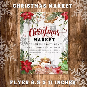 Editable Christmas Market flyer, Christmas market poster.  Instant digital download, Canva template, size US letter 8.5 x 11 inches
