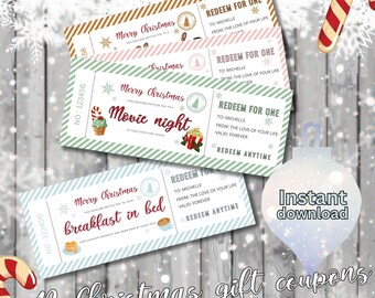 May include: Twelve printable Christmas gift coupons with a festive design. Each coupon features a different holiday-themed activity, such as "Movie Night" or "Breakfast in Bed". The coupons are decorated with snowflakes, candy canes, and Christmas trees.