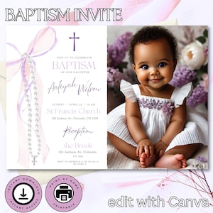 Faire-part de baptême avec noeud et perles | Rose/Lilas | Modèle de baptême en toile modifiable | Carte de cérémonie de baptême imprimable 5 x 7 | Ajoutez votre propre photo