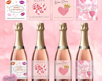 Printable Galentine's wine bottle labels, instant download DIY labels. 4 Galentine's label designs per sheet. Print at home, not editable.