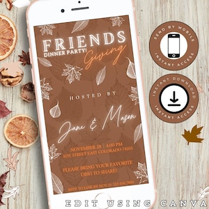 Editable Friendsgiving Evite for mobile phone, an editable invitation for Thanksgiving, Autumn leaves, edit using CANVA