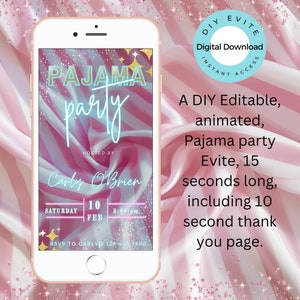 Puede incluir: Una invitaci&oacute;n digital animada rosa y azul para una fiesta de pijamas. La invitaci&oacute;n presenta el texto "PAJAMA party" en azul con acentos de purpurina dorada. La invitaci&oacute;n tambi&eacute;n incluye el texto "HOSTED BY Carly O'Brien" y la fecha y hora de la fiesta: "SATURDAY 10 FEB 5:00 pm".