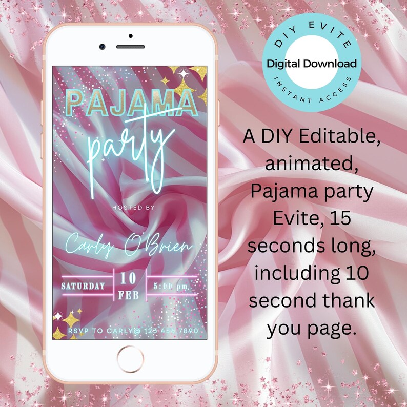Puede incluir: Una invitaci&oacute;n digital animada rosa y azul para una fiesta de pijamas. La invitaci&oacute;n presenta el texto "PAJAMA party" en azul con acentos de purpurina dorada. La invitaci&oacute;n tambi&eacute;n incluye el texto "HOSTED BY Carly O'Brien" y la fecha y hora de la fiesta: "SATURDAY 10 FEB 5:00 pm".