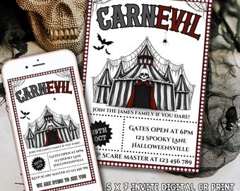 May include: A digital printable invitation for a Halloween party with a carnival theme. The invitation features a black and white striped tent with a skull and red accents. The text "CARNEVIL" is in red and black letters. The invitation includes the date, time, location, and RSVP information. The invitation also includes a bonus mobile phone invite.