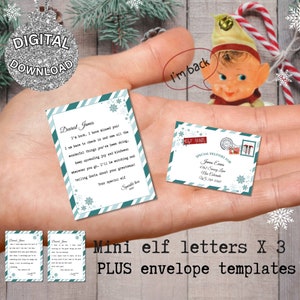 Mini cartas y sobre de elfo editables. carta de llegada de mini elfo imprimible y carta de despedida. Descarga instantánea de la plantilla de Canva imprimible DIY