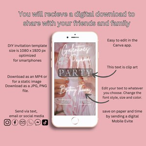 May include: A digital invitation template for a Galentine's Pajama Party. The template features a pink and white striped background with a glass of champagne and the text "Galentine's Pajama Party". The template is optimized for smartphones and can be downloaded as a JPG, PNG, or MP4 file.