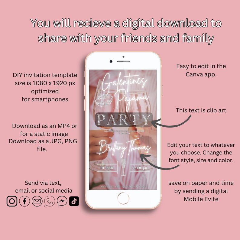 May include: A digital invitation template for a Galentine's Pajama Party. The template features a pink and white striped background with a glass of champagne and the text "Galentine's Pajama Party". The template is optimized for smartphones and can be downloaded as a JPG, PNG, or MP4 file.