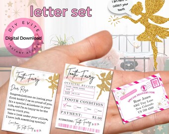 Utskrivbart mini-bokstäverset med tandfé: Rosa och guld (redigerbar Canvas-mall)