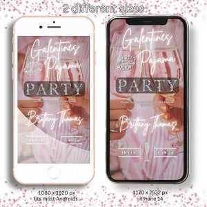 May include: Two digital phone screen mockups with a pink and white Galentines Pajama Party invitation. The invitation features a glass of champagne with a diamond-encrusted lip design. The text on the invitation reads "Galentines Pajama Party" and "Please join us for a Galentines Dinner hosted by Brittany Thomas". The invitation also includes the date and time of the party. The mockups are sized for an iPhone 14 and a typical Android phone.