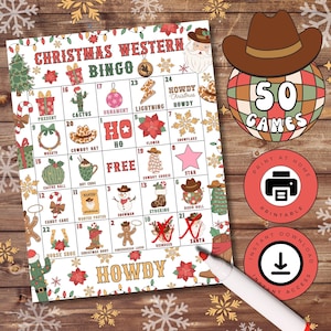 50 Cartões de Bingo Country e Western de Natal, Jogo de Bingo de Natal, Bingo de Natal para Crianças, Noite de Jogos de Família de Natal, Cartões de Bingo de Férias em PDF