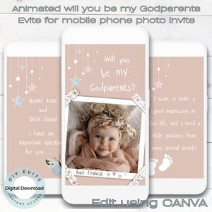 ¿Serás mis padrinos? Propuesta Evite digital para teléfono móvil. Madrina, PadrinoPropuesta Evite. Editar en Canva. Invitación rosa.