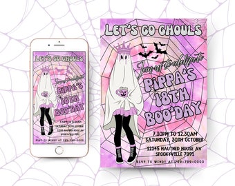 May include: A purple and white invitation with a ghost wearing a crown and holding a cup. The invitation says "Let's Go Ghouls" and "Join us to celebrate Pippa's 18th Boo Day". The invitation includes the date, time, and location of the event. RSVP to Wendy at 789-789-0000.