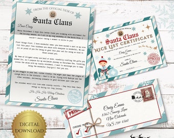Kit de cartas editables para Papá Noel: Certificado y sobre con lista de buenos deseos (plantilla de Canva)