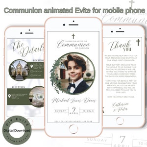 Invito di comunione digitale modificabile per dispositivi mobili. Invito alla Santa Comunione, verde, comunione maschile, download istantaneo, modifica su Canva.