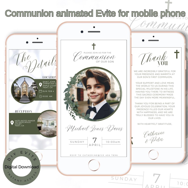 Invitation à la communion numérique modifiable pour mobile. Faire-part à la sainte communion, vert, communion entre garçons, téléchargement immédiat, édition sur toile.