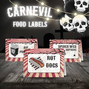 Halloween Karneval Zirkus Buffet Lebensmittel Etiketten Vorlagen, sofortiger DIGITALER DOWNLOAD, Party Lebensmittel Etiketten, Canva Vorlage, Carnevil Theme