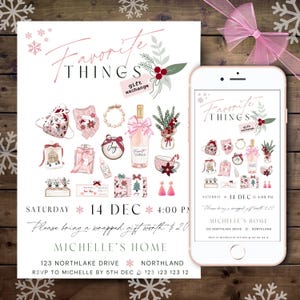 Könnte beinhalten: Eine rosa und weiße Einladung zu einem "Lieblingsdinge"-Geschenketausch. Die Einladung zeigt ein festliches Winterthema mit Illustrationen von Geschenken, Ornamenten und einer Flasche Wein. Der Text auf der Einladung lautet "Samstag, 14. Dezember, 16:00 Uhr. Bitte bringen Sie ein verpacktes Geschenk im Wert von 20 € mit. Michelle's Home. 123 Northlake Drive, Northland. RSVP an Michelle bis zum 5. Dezember unter 123 123 123 12."