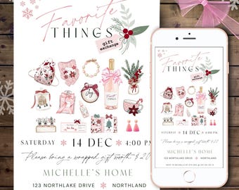 Editable favorite things invite, Gift Exchange Party,  Digital Invitation, edit using Canva, instant download, Holiday Party Invite, pink.