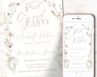 May include: Graduation party invitation with floral accents and the text "Grad Party in Honor of Michelle Wilson." The invitation includes event details and RSVP information. A smartphone displays the same design.