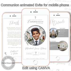 Bewerkbare digitale communie-uitnodiging voor mobiel. Heilige Communie uitnodigen, grijs, jongenscommunie, Instant Download, bewerken op Canva.