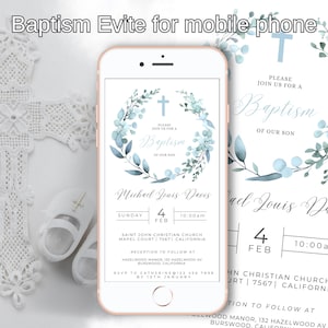 Invito digitale per battesimo Evite, invito modificabile fai da te, invito per battesimo di un bambino blu, disponibile in 2 dimensioni per Android e iPhone 14, modificabile su Canva.