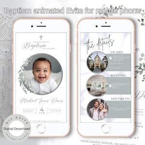 Digital animated Evite Baptism Invitation Template, soft grey/blue, Boy Baptism, Editable, Electronic, Instant Download, edit on Canva.