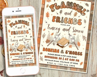 May include: A digital invitation for a "Flannel and Friends" bonfire and s'mores party. The invitation features a cartoon illustration of a s'more with a campfire and autumn leaves. The text reads "Please join Tracey and Simon, November 25 at 6:00 PM, 123 South Street, City South ST 12345, RSVP to +123-456-7890".