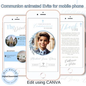 Invito digitale per la comunione modificabile per dispositivi mobili. Invito per la Santa Comunione, blu, comunione dei ragazzi, download immediato, modificabile su Canva.