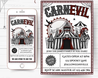May include: A Halloween party invitation with a spooky carnival theme. The invitation features a black and white striped tent with a skull and crossbones, a Ferris wheel, and a carousel horse. The text on the invitation reads "CARNEVIL" and includes the date, time, and location of the party.