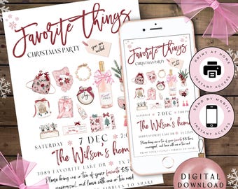 May include: A pink and red printable invitation for a Christmas party. The invitation features the text "Favorite Things Christmas Party" and includes details about the date, time, and location of the party. The invitation also includes a list of items to bring to the party, such as favorite things and nibbles to share.