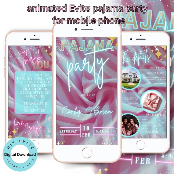Editable Pajama Party Animated Evite: Mobile Invitation (Digital Download)