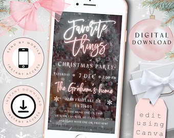 May include: A digital invitation for a Christmas party with a pink and white color scheme. The invitation features a festive Christmas tree with ornaments and snowflakes. The text reads "Favorite things Christmas Party Saturday 7 Dec 7:00 PM The Graham's home 4280 Favelaeke Dr TX 77603 Please bring one or two of your favorite items unwrapped and leave with one or two new!"