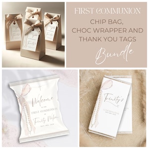 May include: A printable bundle for a First Communion celebration. The bundle includes a chip bag, chocolate bar wrapper, and thank you tags. The design features a watercolor illustration of a rosary and a cross with the text "Trinity's Confirmation May 3rd, 2023".