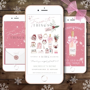 May include: A pink and white digital invitation for a "Favorite Things" gift exchange party. The invitation features a pink background with snowflakes and a white envelope with a wax seal. The text on the invitation reads "Favorite Things" and includes the date, time, and location of the party. The invitation also includes the text "Please bring a wrapped gift worth $20."