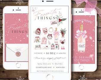 May include: A pink and white digital invitation for a "Favorite Things" gift exchange party. The invitation features a pink background with snowflakes and a white envelope with a wax seal. The text on the invitation reads "Favorite Things" and includes the date, time, and location of the party. The invitation also includes the text "Please bring a wrapped gift worth $20."