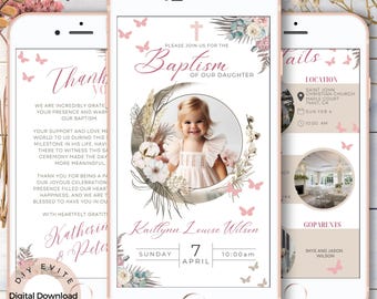 Peut inclure: Une invitation numérique pour un baptême avec un motif floral et une photo d'une petite fille. L'invitation indique "Veuillez vous joindre à nous pour le baptême de notre fille Kaitlynn Louise Wilson. Dimanche 7 avril, 10h00".