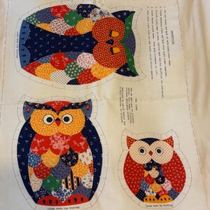 May include: A sewing pattern for making patchwork owl cushions. The pattern includes instructions for cutting, sewing, and stuffing the owls. The owls are made from colourful fabric scraps and have a whimsical, folk art style.