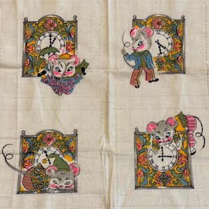 May include: Cream-colored fabric featuring six panels with whimsical illustrations. Each panel showcases a cartoon mouse dressed in vintage attire, posed near a decorative clock. The clocks have ornate frames with floral and geometric designs. The overall aesthetic is vintage and charming.