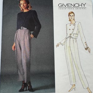 May include: A vintage Vogue Patterns sewing pattern featuring a Givenchy design. The pattern includes a photo of a woman wearing a black jacket and plaid trousers. The pattern number is 1526.