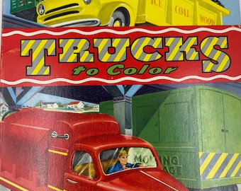 Camiones para colorear, libro para colorear Whitman de 1951, semirremolques antiguos, vehículos de trabajo, estilo americano de mediados de siglo