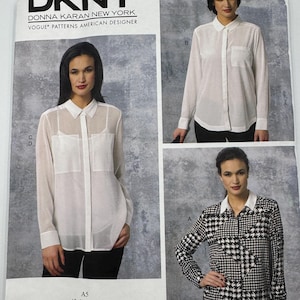 Pode incluir: Um padrão de costura DKNY com três designs de camisas. O padrão inclui uma camisa branca transparente com botões, uma camisa branca lisa e uma camisa com padrão preto e branco. A gama de tamanhos do padrão é 6-14.