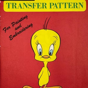 May include: A red Vogart transfer pattern envelope, No. 3008, featuring a yellow Tweety Bird illustration. The text reads: Vogart Transfer Pattern, For Painting and Embroidering, Tweety in Many Poses, and Warner Bros. Inc. MCMLXXI.
