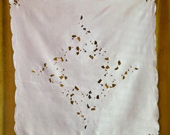 Vintage White Linen Cutwork Tablecloth 40" x 40" Square Floral Embroidered Tea Table