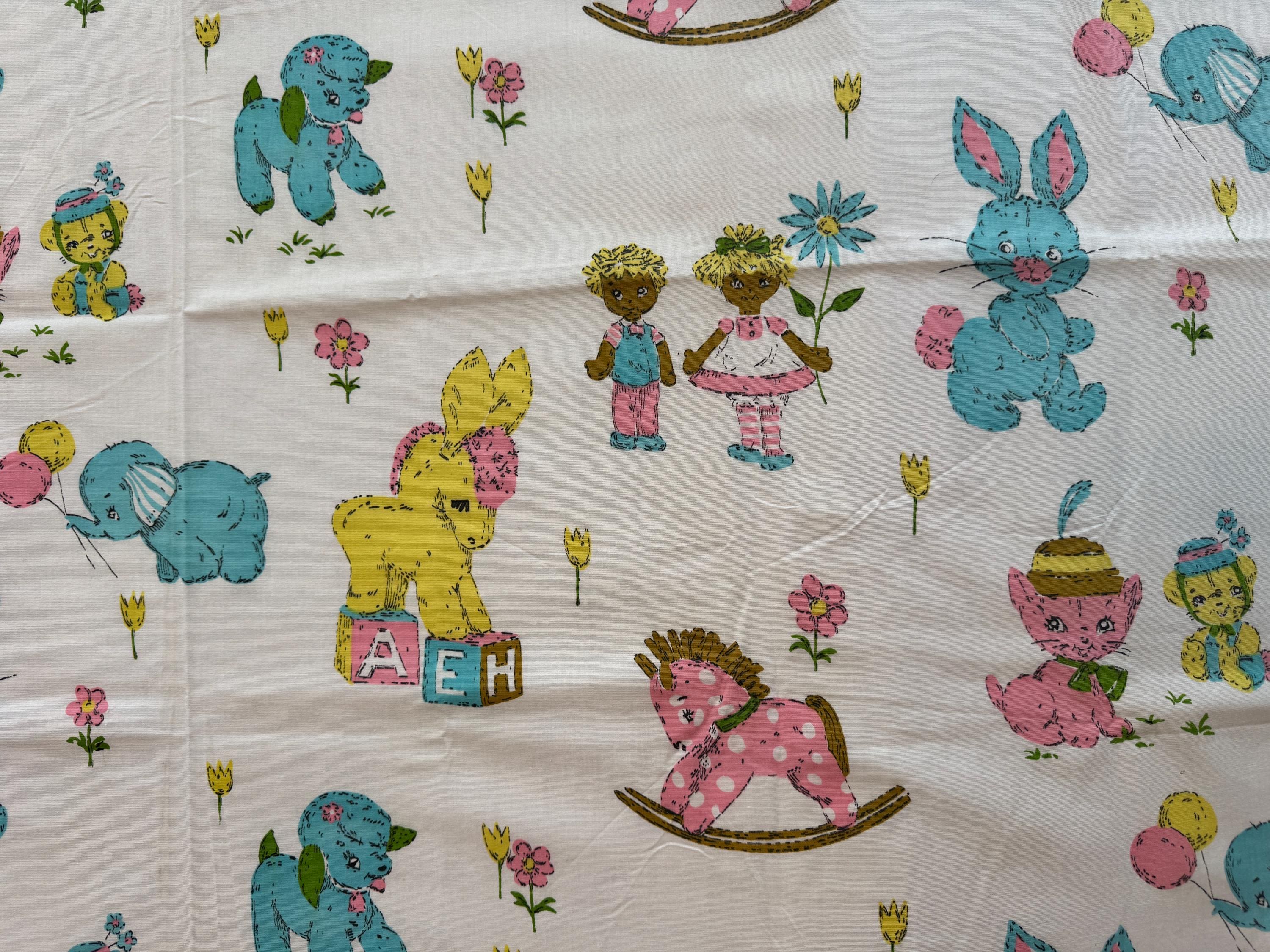 Vintage 1950s Nursery Fabric: Baby Animals Cotton Print, 29