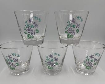 Vintage Marcrest Royalon Corsage Old Fashioned Glasses Set of 5 Violet Floral Barware