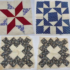 May include: Four vintage quilt blocks with various geometric patterns. One block features a red star design, another has a blue and white polka dot pattern, and two others display a zig-zag pattern with floral fabric.
