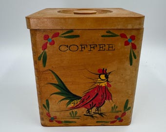 Vintage Wooden Coffee Box with Hand Painted Rooster - Folk Art Canister - 1950s Kitchen