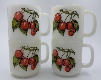 Vintage Glasbake Milk Glass Cherry Coffee Mugs - Set of 4