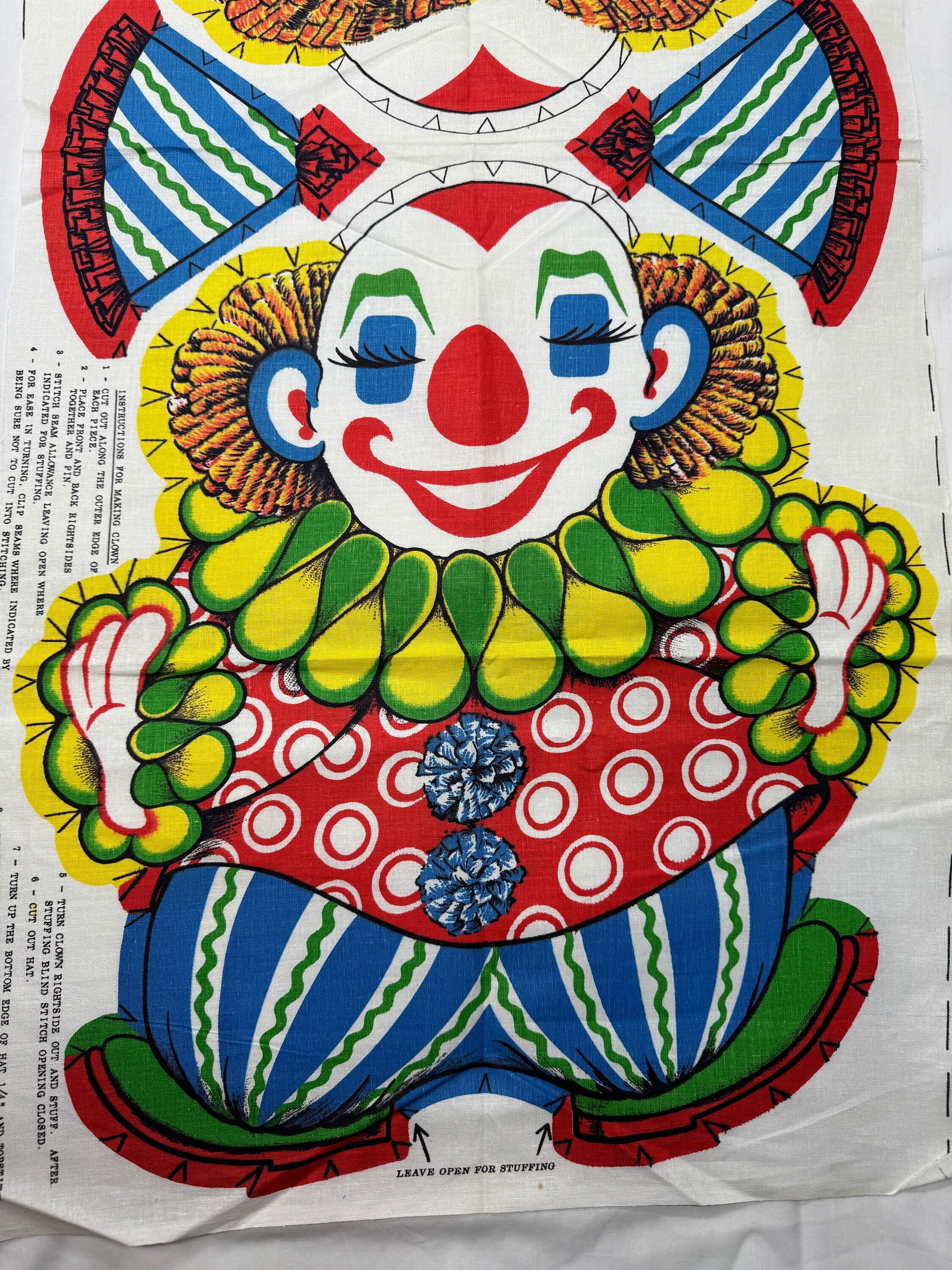 Vintage 1960's Chester the Clown Cut & Sew Fabric Panel Stuffed